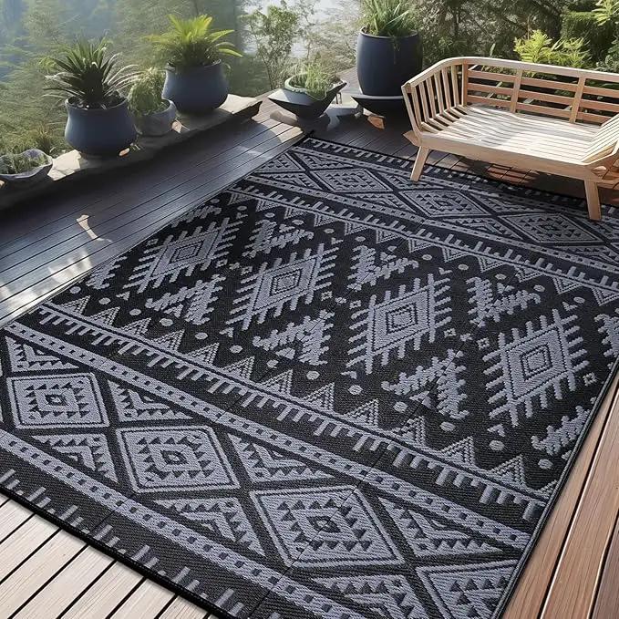 OLANLY Outdoor Rug Waterproof 10x14 ft, Reversible Outdoor Plastic Straw Rug, Boho Patio Rug, Indoor Outdoor Carpet, RV Mat Outside for Patio, Camp, Picnic, Balcony, Deck, Backyard, Black & Grey by GreenHaven Gardens