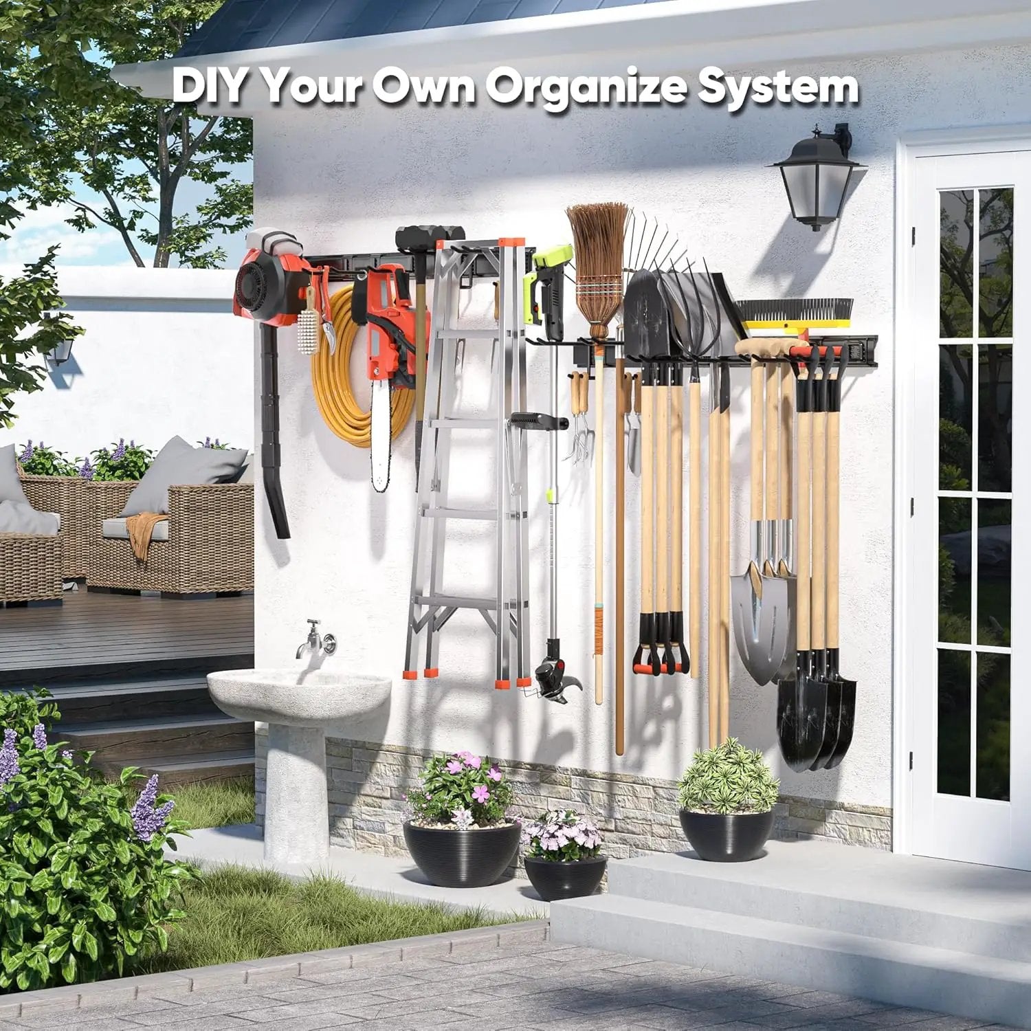 Garden Tool Organizer Wall Mount, 64 inches Tool Storage Rack with Adjustable Hooks, 600lbs Adjustable Heavy Duty Metal Hooks, Yard Shed Rack Holder System Hanging Rake Broom Mop Snowboard, Men Gift by GreenHaven Gardens