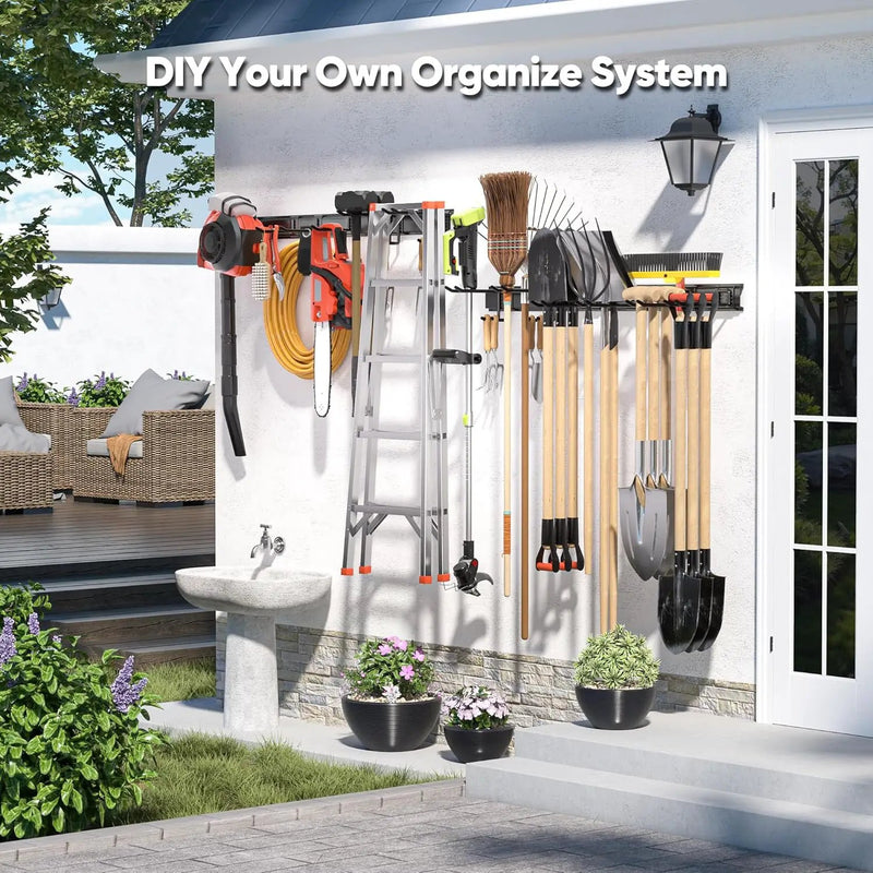 Garden Tool Organizer Wall Mount, 64 inches Tool Storage Rack with Adjustable Hooks, 600lbs Adjustable Heavy Duty Metal Hooks, Yard Shed Rack Holder System Hanging Rake Broom Mop Snowboard, Men Gift by GreenHaven Gardens
