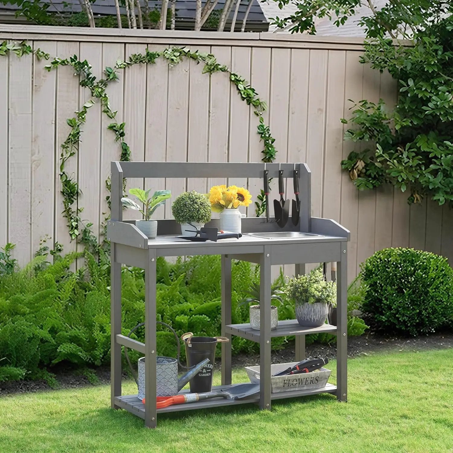Psilvam Outdoor Potting Bench with Sink for All-Weather Gardens, HDPE Potting Benches for Outside, Planting Table for Garden, Patio and Lawn (Grey) by GreenHaven Gardens