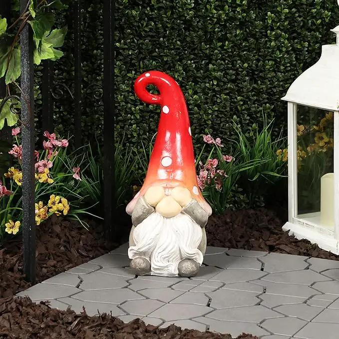 Alpine Corporation 17” Tall Outdoor Garden Gnome Yard Decoration - See No Evil Statue - Gnome with Red Polka Dot Hat – Durable, Weatherproof Decor for Patio & Deck by GreenHaven Gardens