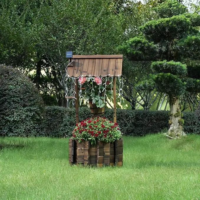Wooden Wishing Wells for Outdoors with Solar Light Strip, Wishing Well Planters Also Add Splendor to Your Yard at Nightt, Brown by GreenHaven Gardens