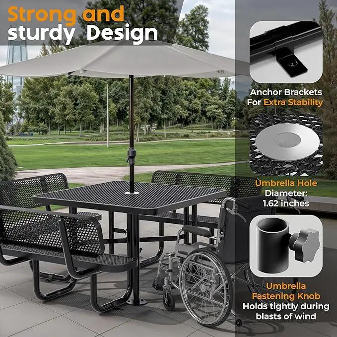 Metal Picnic Tables for Outdoors with Umbrella Hole - Coated Steel Heavy Duty Commercial Grade Table with Adjustable Seats (Black, 46 in, Square with Back, Expanded Steel) by GreenHaven Gardens