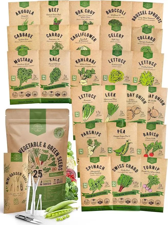 Organo Republic 25 Winter Vegetable Garden Seeds Variety Pack for Outdoors & Indoor Home Gardening 6500+ Non-GMO Heirloom Seeds: Broccoli Beet Carrot Collard Lettuce Radish Spinach Pea Kohlrabi by GreenHaven Gardens