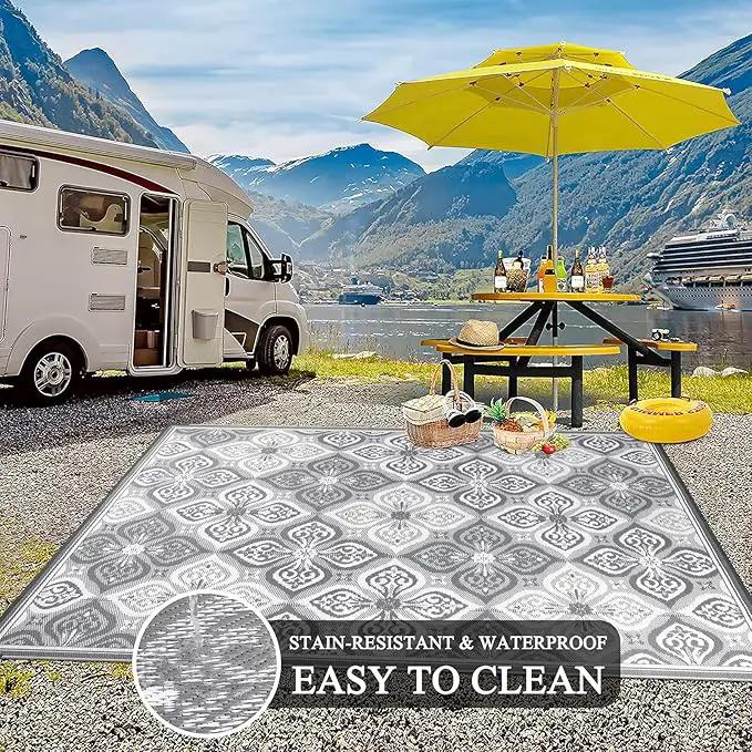Pauwer Waterproof Outdoor Rug 9x12, Reversible Plastic Straw Patio Camping Rug, Indoor Outdoor RV Mat Carpet for Deck, Camper, Porch, Balcony, Backyard, Picnic, Clover Grey by GreenHaven Gardens