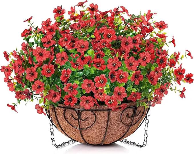 Artificial Fake Hanging Red Plants Flowers Basket for Outdoor Fall Winter Christmas, Faux Silk Daisy Mums Look Real UV Resistant for Outside Porch Home Patio Garden Yard Decoration by GreenHaven Gardens