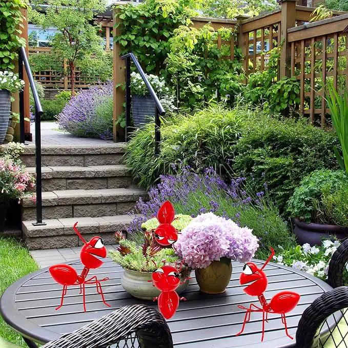 Metal Yard Art Garden Decor Cute Ant Outdoor Wall Sculptures Patio Lawn Ornament Fence Decoraions - Set of 4 Red by GreenHaven Gardens