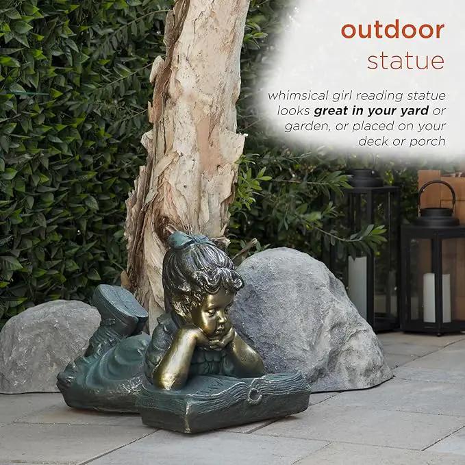Alpine Corporation 16" Tall Indoor/Outdoor Girl Laying Down Reading Book Statue Set Yard Art Decoration by GreenHaven Gardens