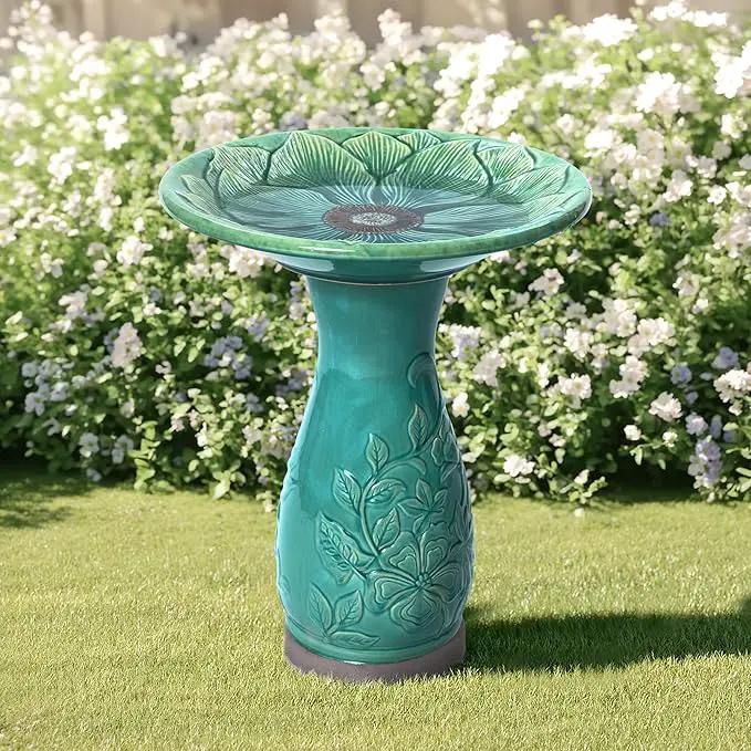 LuxenHome 23 Inch Ceramic Bird Bath for Outside, Elegant Tall Outdoor Bird Bath, Lightweight Pedestal Glazed Birdbaths for Outdoors with Floral Embossed Design, Jade Green by GreenHaven Gardens
