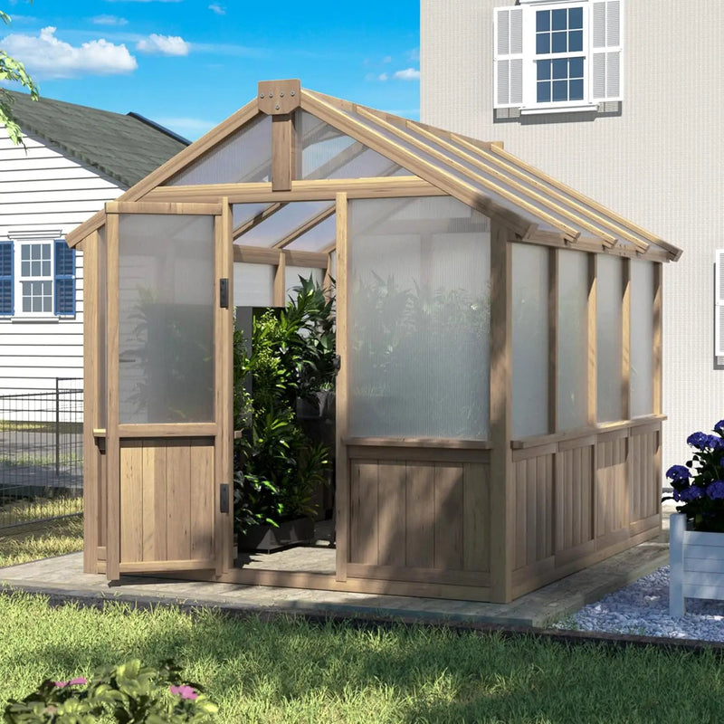 6x8 FT Greenhouse Kit for Outdoor, 6MM Thick Polycarbonate Panel Wooden Walk-in Green House with Lockable Door and Adjustable Roof Vent, Backyard Garden, Light Mocha Brown by GreenHaven Gardens