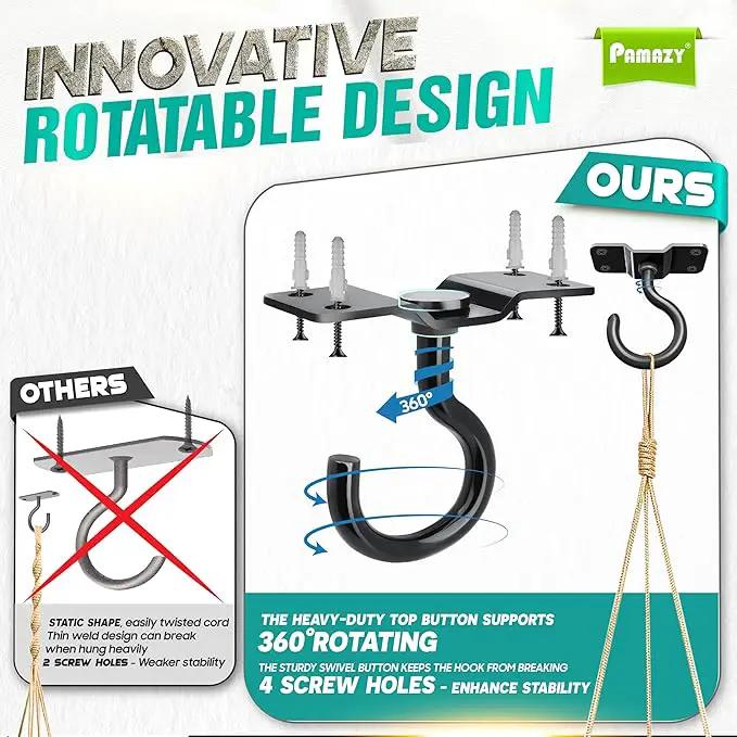 [Upgraded] 8Pcs 200LBS Rotatable Ceiling Hooks with 4 Screw Points Plate Base, Black Wall Mount Metal Hanger for Hanging Plants, Bird Feeders, Lanterns, Lights, Wind Chimes, Indoor Outdoor Decor by GreenHaven Gardens