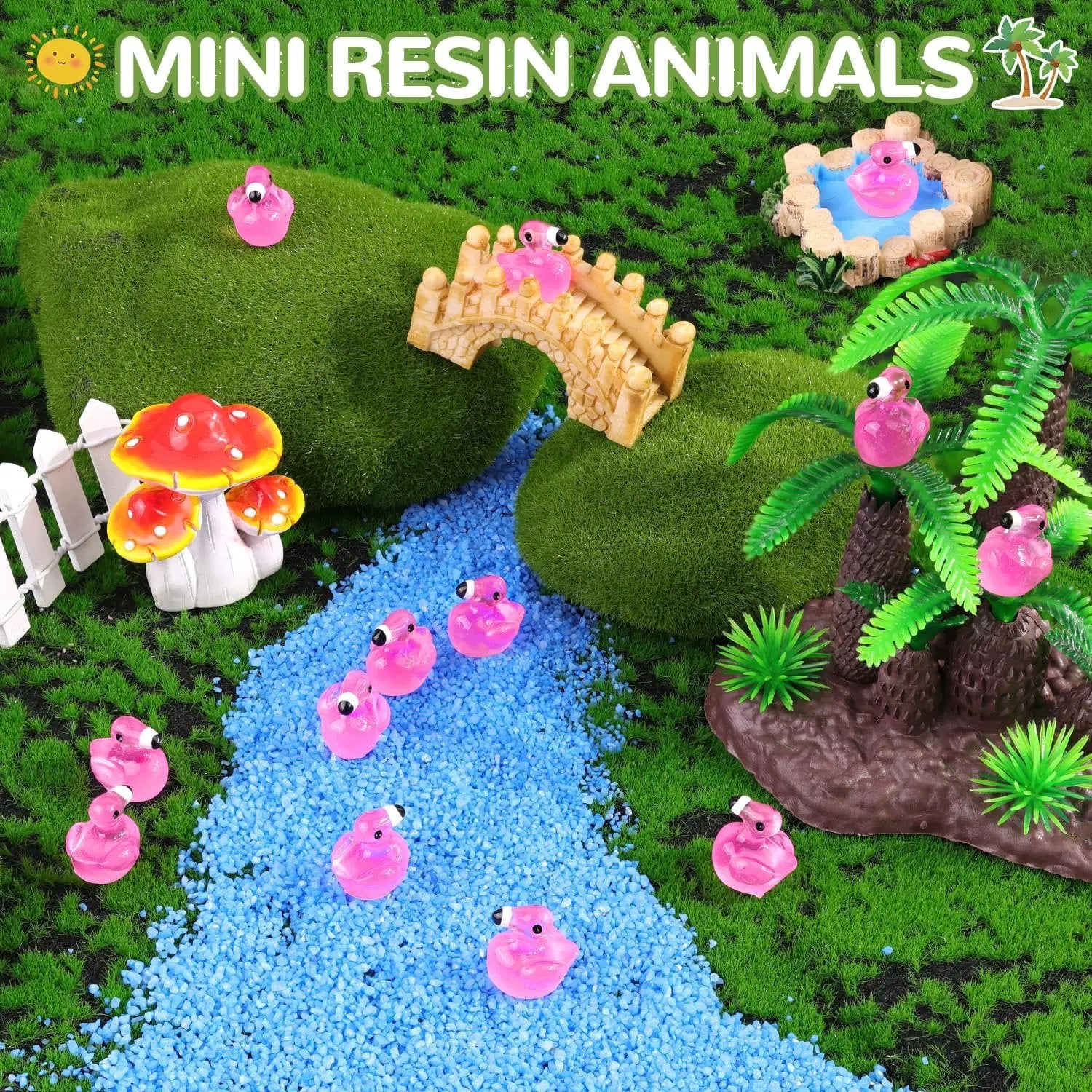 200PCS Mini Resin Animals Cute Rose Pink Tiny Flamingo Ducks Glow in Dark, Miniature Figures to Hide, Small Animal Toys Accessories Bulk for Topper Garden Dollhouse Ornaments DIY Crafts & Decor by GreenHaven Gardens