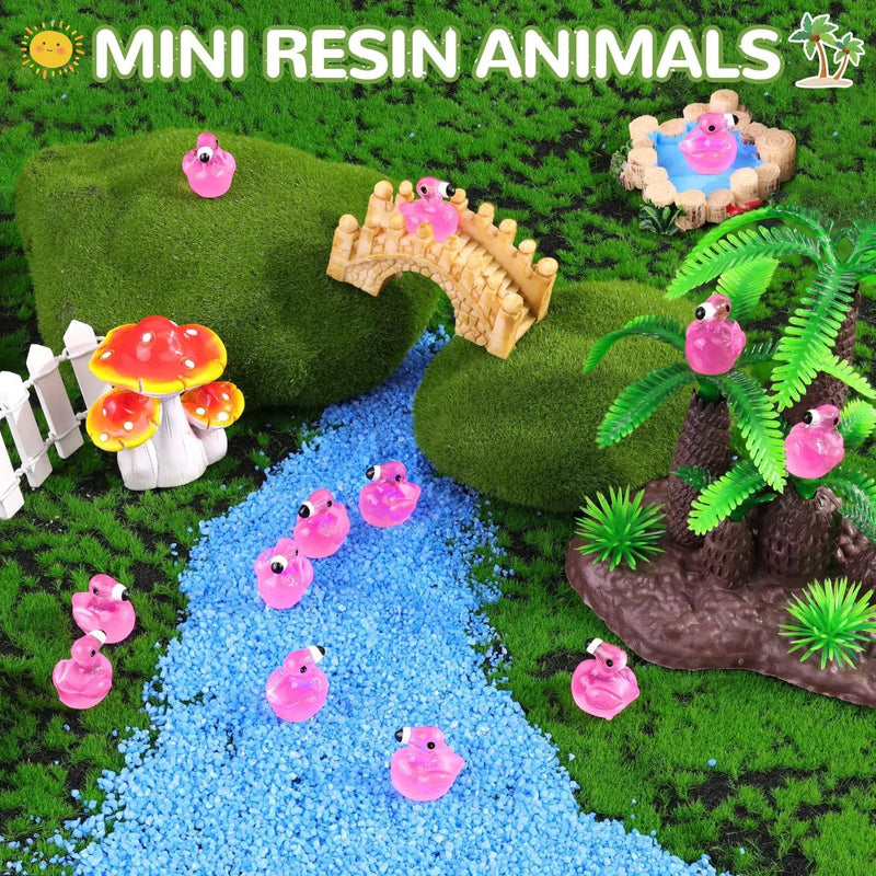 200PCS Mini Resin Animals Cute Rose Pink Tiny Flamingo Ducks Glow in Dark, Miniature Figures to Hide, Small Animal Toys Accessories Bulk for Topper Garden Dollhouse Ornaments DIY Crafts & Decor by GreenHaven Gardens