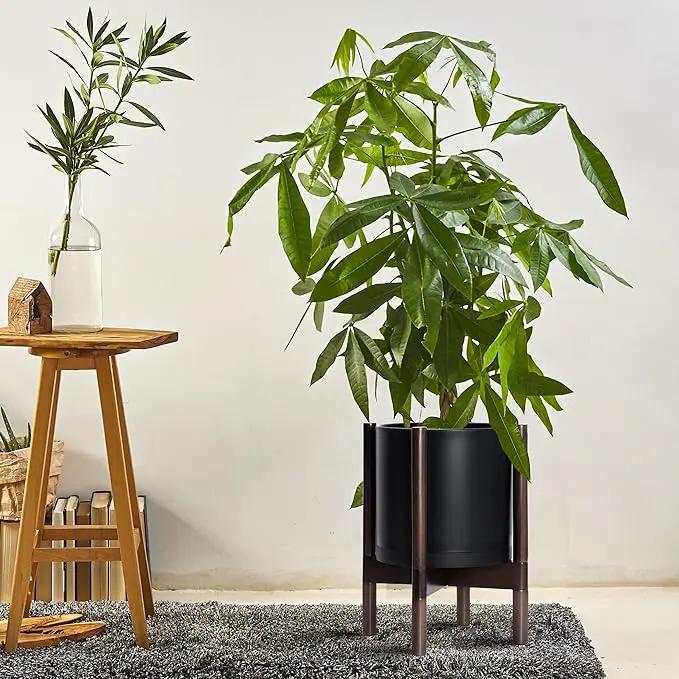 D'vine Dev Planter Pot with Stand - 10 Inch Plastic Cylinder Flower Pot with Wood Planter Holder for Indoor, Matte Black Pot + Walnut Color Stand, 55-C-L-2 by GreenHaven Gardens