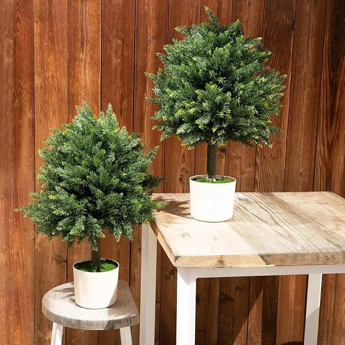 Premium 16" Diameter Artificial Cypress Topiary – Set of 2 Faux Plants in Beige Decorative Planters – UV-Resistant, Weatherproof, Realistic Outdoor & Indoor Greenery by GreenHaven Gardens