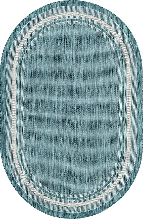Unique Loom Outdoor Border Collection Area Rug - Soft Border (5' 1" x 8' Oval, Teal/ Ivory) by GreenHaven Gardens