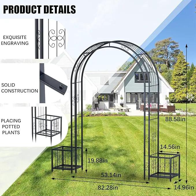 88in Steel Garden Arch Arbor Trellis with Planter Boxes for Climbing Plants Outdoor, Yard, Wide Sturdy Durable Garden Arch for Lawn,Outdoor Wedding Arch(Black) by GreenHaven Gardens