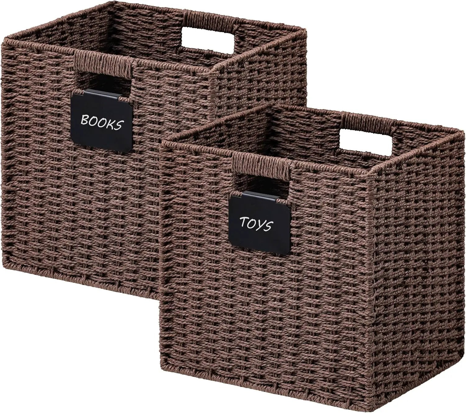 UBBCARE 2 Pack Wicker Basket, 12×12 Storage Cubes with Label, Foldable Cube Storage Bin with Handle, Square Storage Basket for Shelves, Woven Paper Rope Basket for Organizing, Brown by GreenHaven Gardens