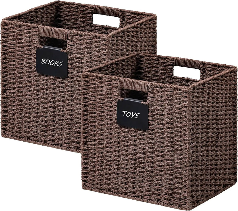 UBBCARE 2 Pack Wicker Basket, 12×12 Storage Cubes with Label, Foldable Cube Storage Bin with Handle, Square Storage Basket for Shelves, Woven Paper Rope Basket for Organizing, Brown by GreenHaven Gardens