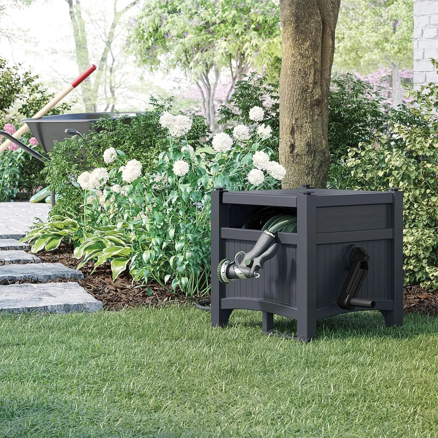 Suncast Garden Hose Hideaway Storage Reel Box, Cyberspace Grey – Resin Outdoor Container, Holds up to 100 Feet of 5/8 Inch Standard Vinyl Water Line – No Assembly Required by GreenHaven Gardens