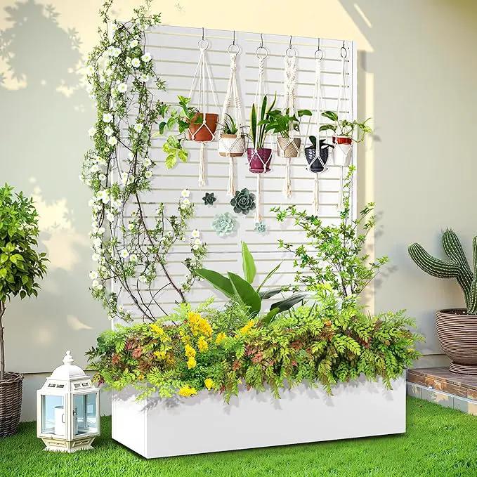 Trellis for Climbing Plants Outdoor，Mental Garden Bed with Drainage Holes Outdoor Privacy Screen Design Tall planters for herb Flower Vegetables 73"x47"x16", White-Louvered by GreenHaven Gardens