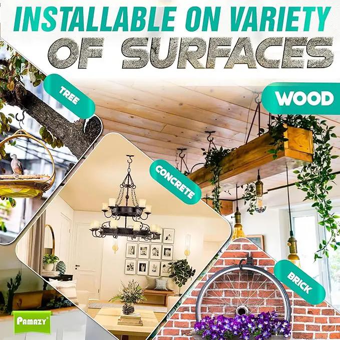 [Upgraded] 8Pcs 200LBS Rotatable Ceiling Hooks with 4 Screw Points Plate Base, Black Wall Mount Metal Hanger for Hanging Plants, Bird Feeders, Lanterns, Lights, Wind Chimes, Indoor Outdoor Decor by GreenHaven Gardens