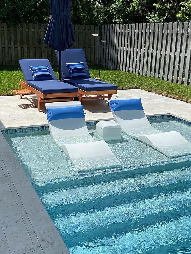 Classic White-Blue - in-Pool Chaise Set – Includes Two Chaises, Two Headrest Pillows, and One Poolside Table – for Ledges Up to 9” - Aqua Outdoors by GreenHaven Gardens