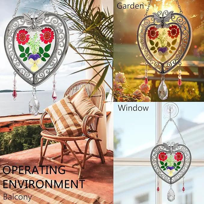 KY&BOSAM Heart Suncatcher Crystal Tree of Life Stained Glass Panles Real Flower Hangings for Windows Home Garden Outside Wind Chime Decor Birthday Gifts for Women Mother`s Day Christmas Ornament by GreenHaven Gardens