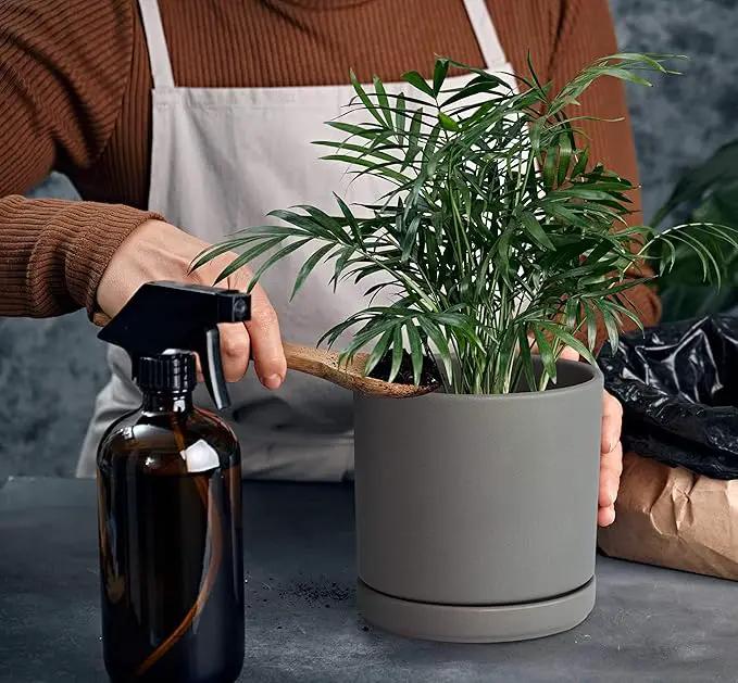 D'vine Dev 6 Inch Ceramic Planter Pot with Drainage Hole and Saucer, Indoor Cylinder Round Flower Pot, Grey, 94-O-C-3 by GreenHaven Gardens