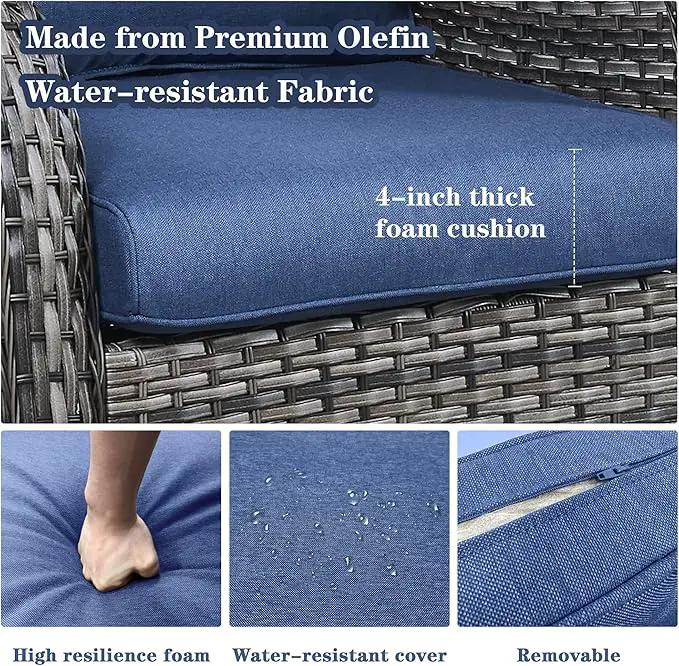 5 Piece Outdoor Patio Furniture Set - Outdoor Conversation Couch and Loveseat Glider Chair Furniture Set with Rattan Coffee Table for Deck Balcony Poolside Gray Wicker/Blue Cushions by GreenHaven Gardens