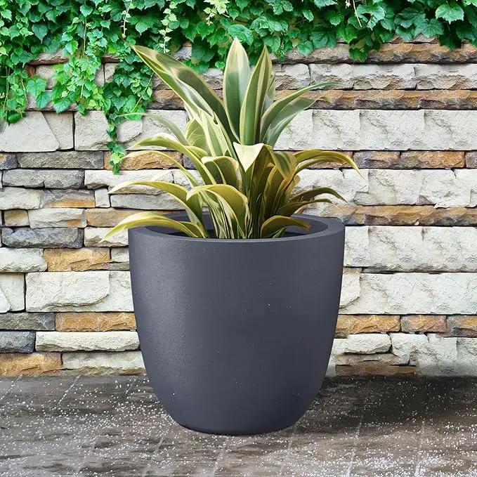 Kante 18 Inch Dia Round Concrete Planter, Indoor Outdoor Large Plant Pot with Drainage Hole and Rubber Plug for Home Patio Garden, Charcoal by GreenHaven Gardens
