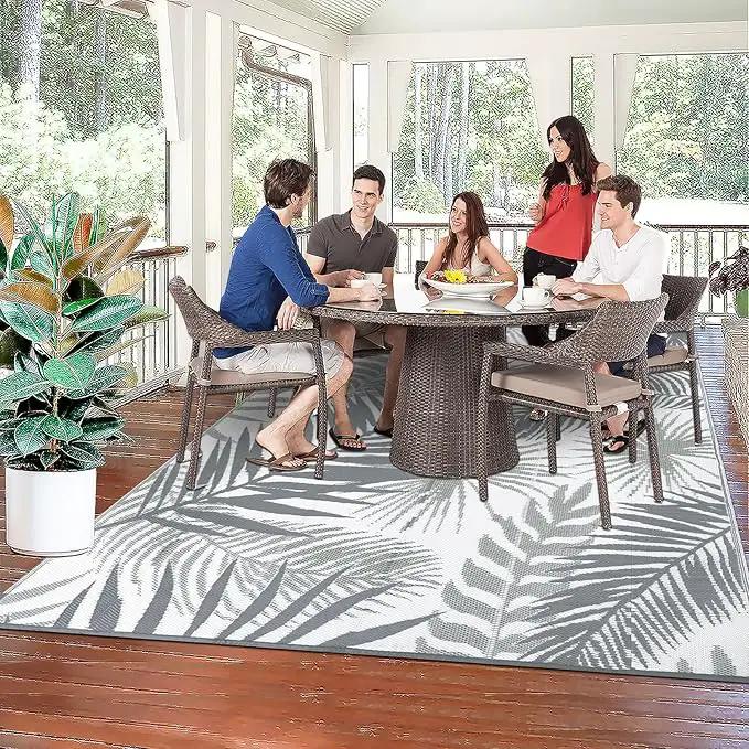 Outdoor Rug 10'x8' Waterproof for Patios Clearance, Reversible Outdoor Plastic Straw Rug Camping Carpet, Outside Floor Mats Large Area Rugs for RV,Patio,Deck,Porch,Beach,Balcony,Grey&White by GreenHaven Gardens
