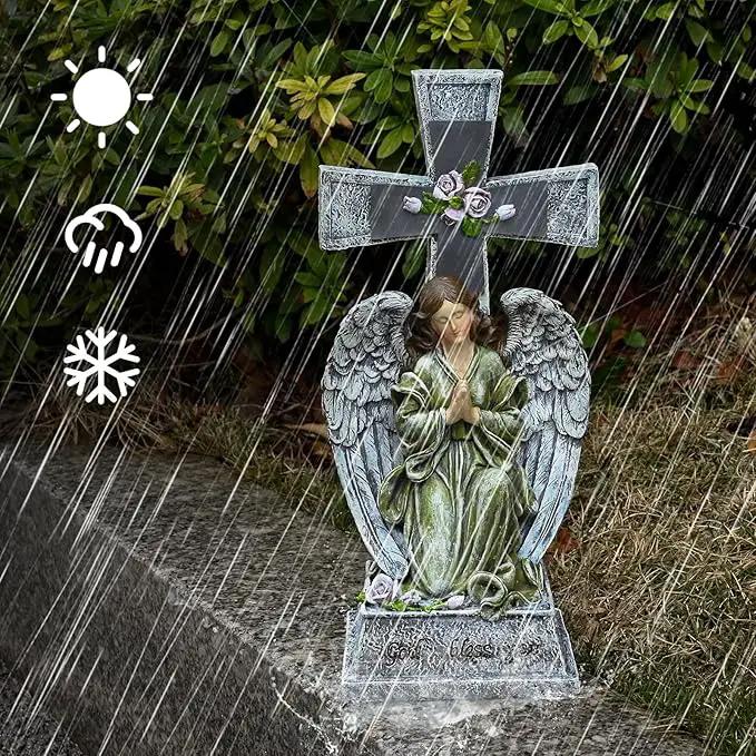 Yiosax-Solar Angels for Cemetery-Garden Statue Lights Decor - Before The Cross on One Knee Wings Praying Angel Figurine Bless You Cemetery Patio Lawn Yard Porch Decorations by GreenHaven Gardens