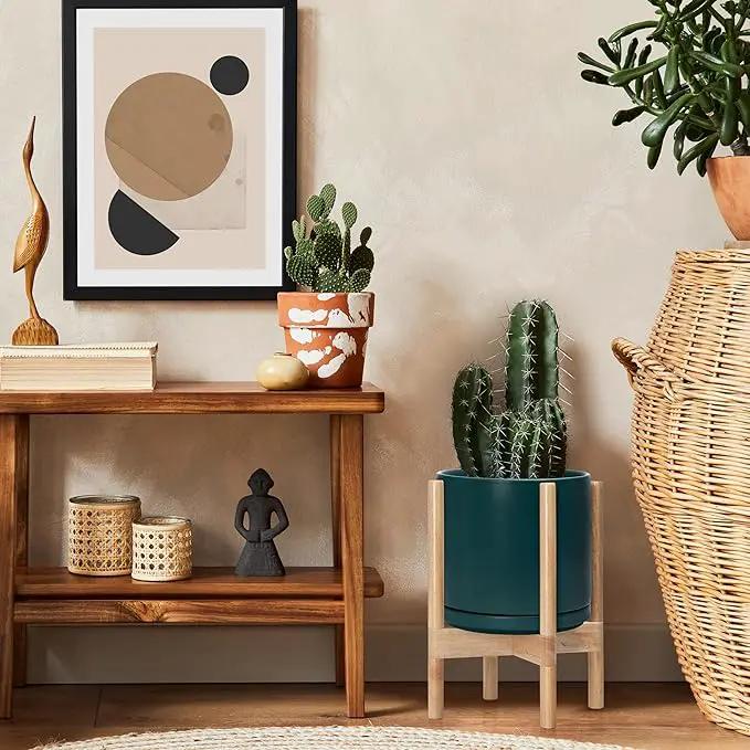 D'vine Dev Ceramic Planter with Natural Stand - 10 Inch Modern Round Flower Pot with Wood Planter Holder, Teal, 55-B-K-4 by GreenHaven Gardens