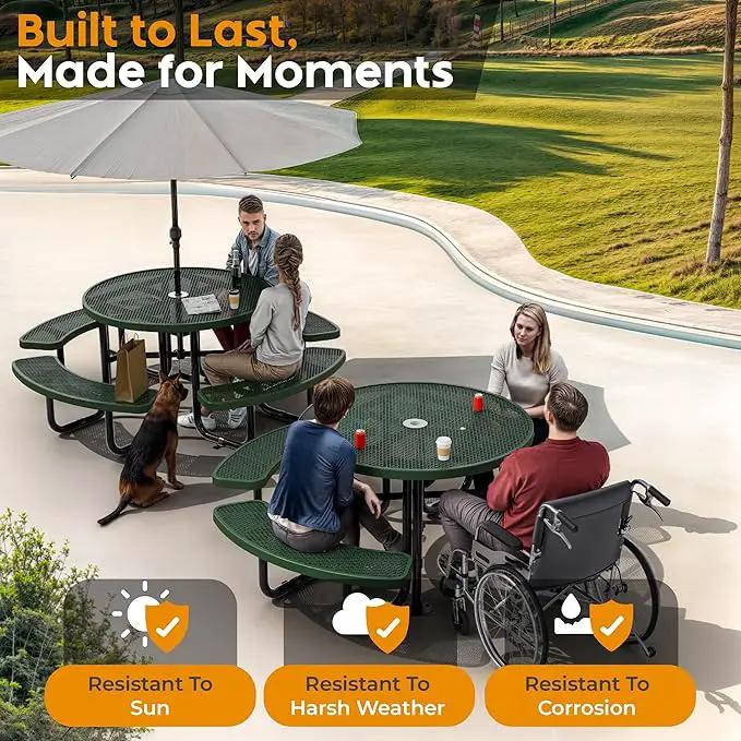 Metal Picnic Tables for Outdoors with Umbrella Hole - Coated Steel Heavy Duty Commercial Grade Table with Adjustable Seats (Green, 46 in, Round, Expanded Steel) by GreenHaven Gardens