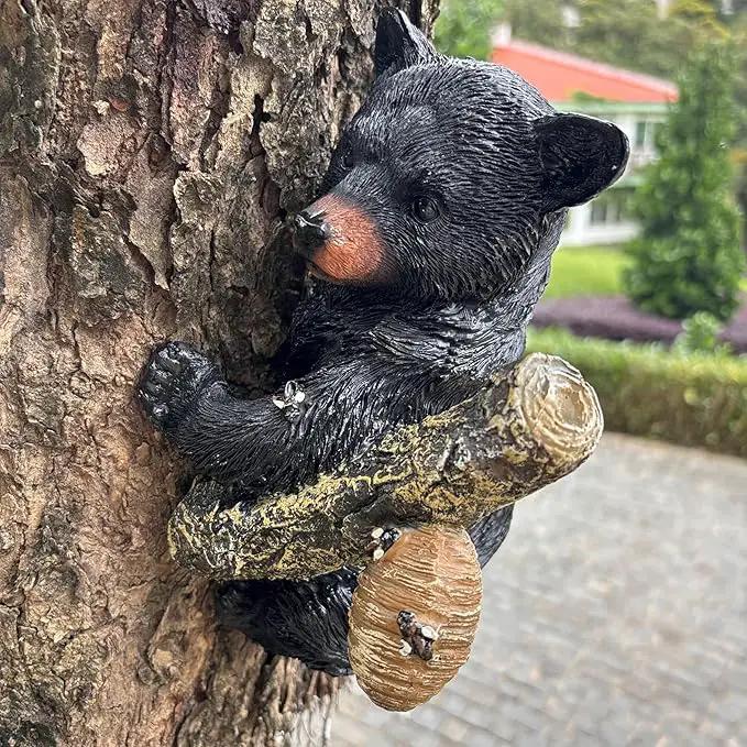 Black Bear Cub Tree Hugger Decor Outdoor Sculpture, Baby Bear Hanging Up a Tree Statue Garden Peeker, Adorable Cute Resin Tree Hugger Bear Face for Gifts and Garden Decor by GreenHaven Gardens