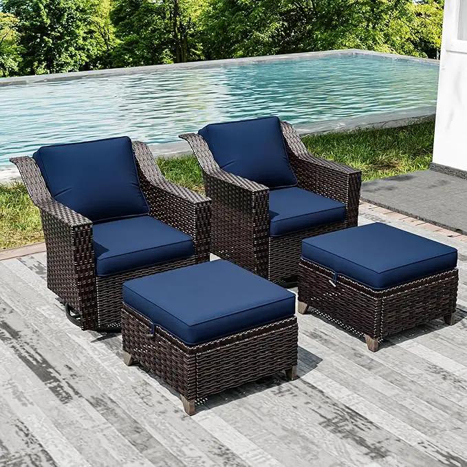 Joyside Wicker Patio Furniture Sets, 4 Pieces Upgraded Large Size Outdoor Furniture with Swivel Rocking Patio Chairs and Outdoor Ottoman, Thick Cushions, Wide Armrest by GreenHaven Gardens