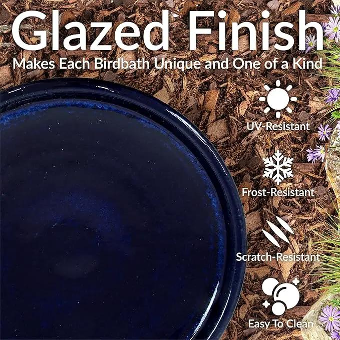 Sunnydaze 21" H Ceramic Bird Bath for Outside - Hand-Painted Outdoor Bird Bath Bowl, UV/Frost-Resistant Finish - Midnight Blue - Ribbed Pedestal by GreenHaven Gardens