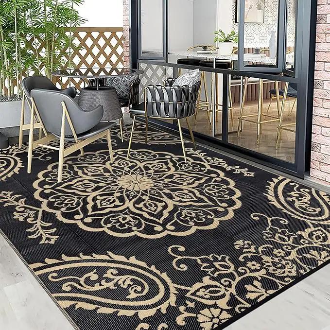 Pauwer Waterproof Outdoor Rug 6x9, Reversible Plastic Straw Patio Camping Rug, Indoor Outdoor RV Mat Carpet for Deck, Camper, Porch, Balcony, Backyard, Picnic, Boho Black Brown by GreenHaven Gardens
