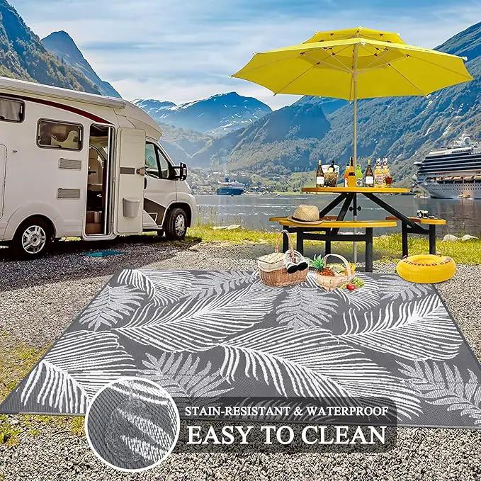 Pauwer Waterproof Outdoor Rug 6x9, Reversible Plastic Straw Patio Camping Rug, Indoor Outdoor RV Mat Carpet for Deck, Camper, Porch, Balcony, Backyard, Picnic, Leaf Grey by GreenHaven Gardens