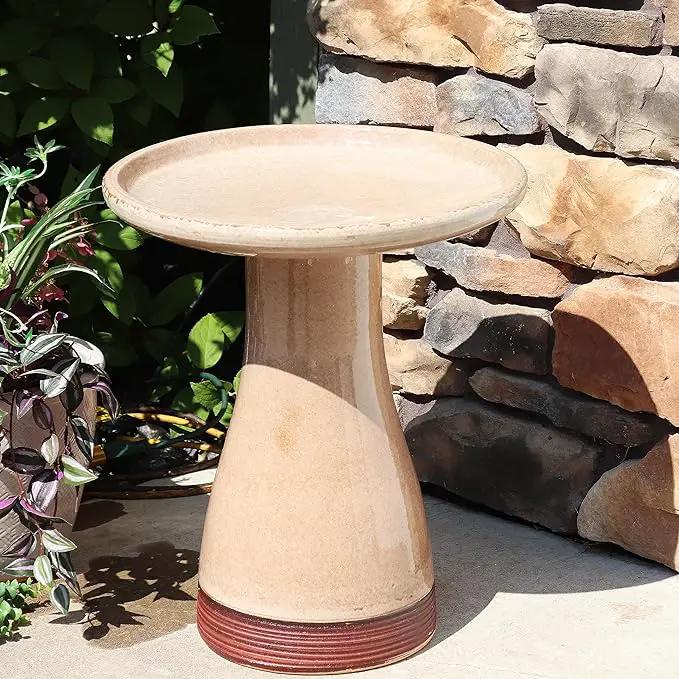 Sunnydaze 21" H Ceramic Bird Bath for Outside - Hand-Painted Outdoor Bird Bath Bowl, UV/Frost-Resistant Finish - Yam - Ribbed Pedestal by GreenHaven Gardens