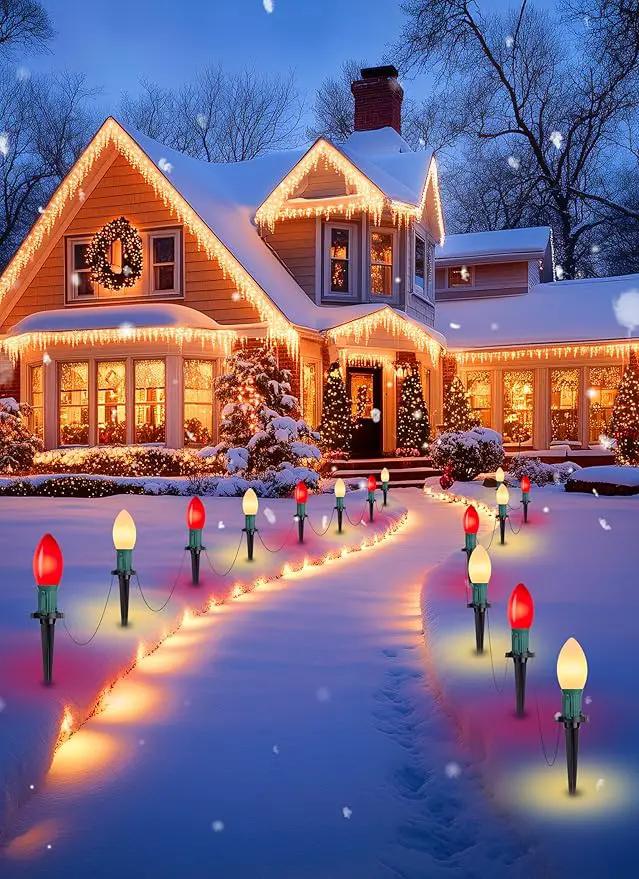 Brightown Frosted C9 LED Christmas Lights Outdoor, 32Ft Christmas Pathway Lights with 25 LED Bulbs and Stakes, Christmas Decorations Outside Driveway Walkway Sidewalk, Red and Warm White by GreenHaven Gardens