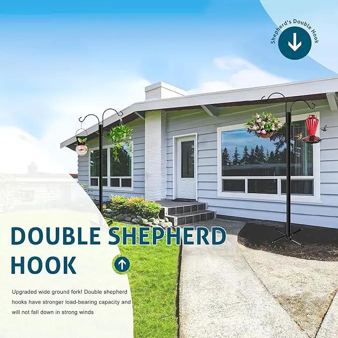 Ottsuls Double Shepherds Hooks for Outdoor, 92 Inch Bird Feeder Pole with 5 Prong Base, Upgrade 1 INCH Thick Heavy Duty Planter Hook for Hanging Baskets, Lantern,1 Pack by GreenHaven Gardens