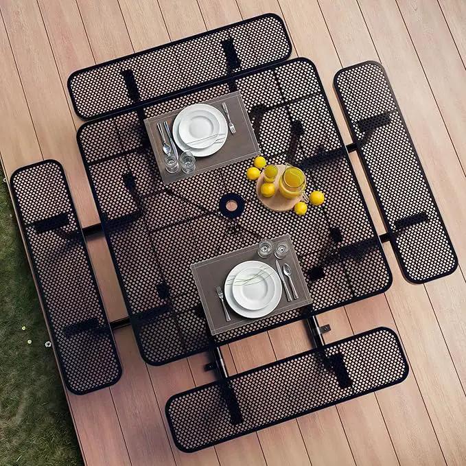 Metal Picnic Tables for Outdoors with Umbrella Hole - Coated Steel Heavy Duty Commercial Grade Table with Adjustable Seats (Black, 46 in, Square, Punched Steel) by GreenHaven Gardens