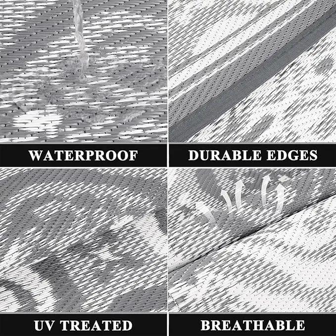 Pauwer Waterproof Outdoor Rug 8x10, Reversible Plastic Straw Patio Camping Rug, Indoor Outdoor RV Mat Carpet for Deck, Camper, Porch, Balcony, Backyard, Picnic, Clover Grey by GreenHaven Gardens
