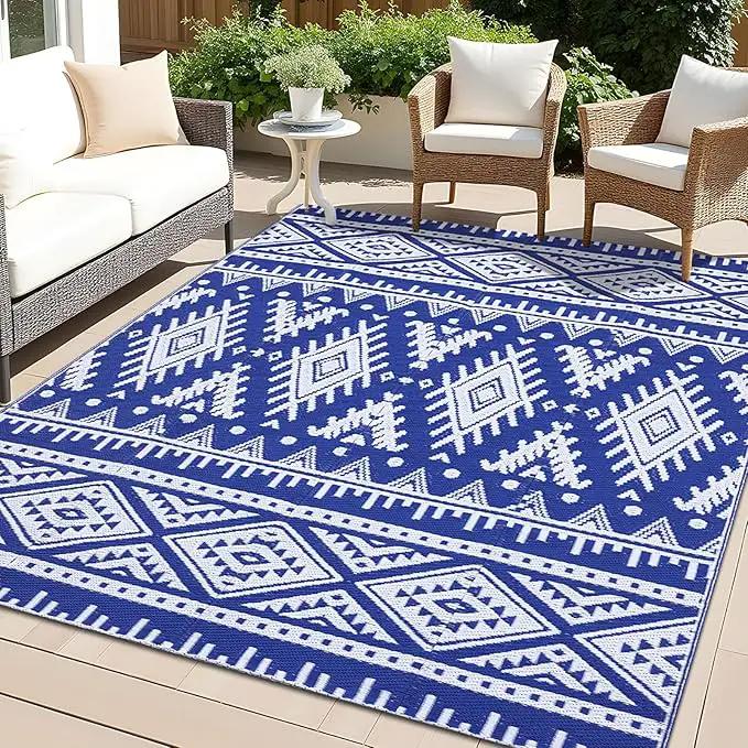 OLANLY Outdoor Rug Waterproof 5x8 ft, Reversible Outdoor Plastic Straw Rug, Boho Patio Rug, Indoor Outdoor Carpet, RV Mat Outside for Patio, Camp, Picnic, Balcony, Deck, Backyard, Blue & White by GreenHaven Gardens