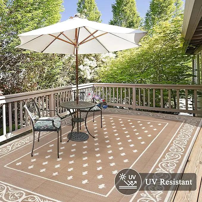 Pauwer Waterproof Outdoor Rug 9x12, Reversible Plastic Straw Patio Camping Rug, Indoor Outdoor RV Mat Carpet for Deck, Camper, Porch, Balcony, Backyard, Picnic, Bordered Beige by GreenHaven Gardens