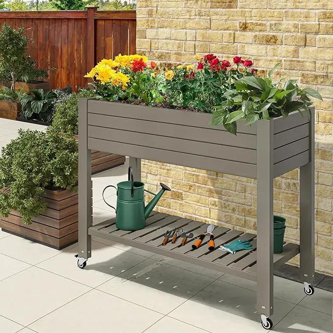 YITAHOME 3.6x1.5x2.8 FT Elevated Garden Bed Kit with Legs and Wheels, Outdoor Large Resin Planter Box Stand with Drain Plug and Storage Shelf for Plants Vegetables Fruits, Light Brown by GreenHaven Gardens