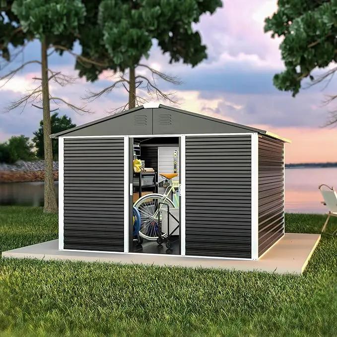 Metal Outdoor Storage Shed 10FT x 10FT, Steel Utility Tool Shed Storage House with Sliding Door, Metal Sheds Outdoor Storage for Backyard Garden Patio Lawn, Black by GreenHaven Gardens
