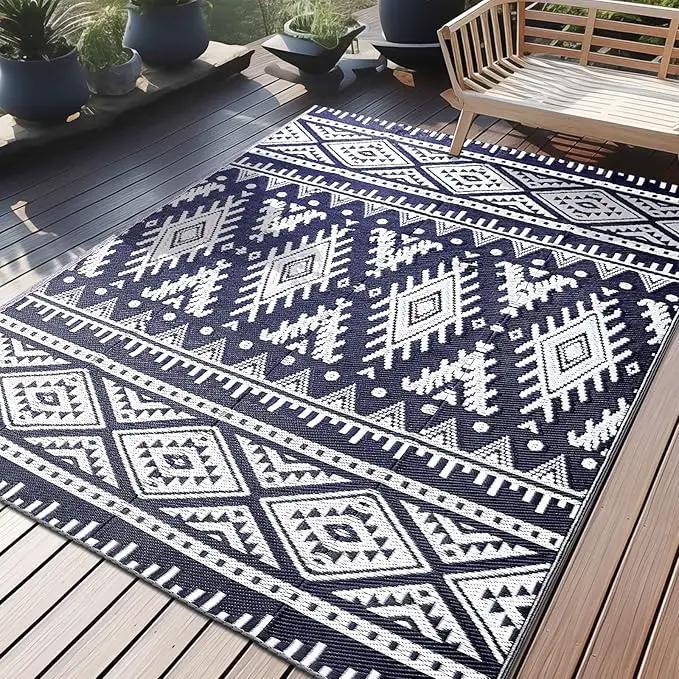 OLANLY Outdoor Rug Waterproof 5x8 ft, Reversible Outdoor Plastic Straw Rug, Boho Patio Rug, Indoor Outdoor Carpet, RV Mat Outside for Patio, Camp, Picnic, Balcony, Deck, Backyard, Navy & White by GreenHaven Gardens